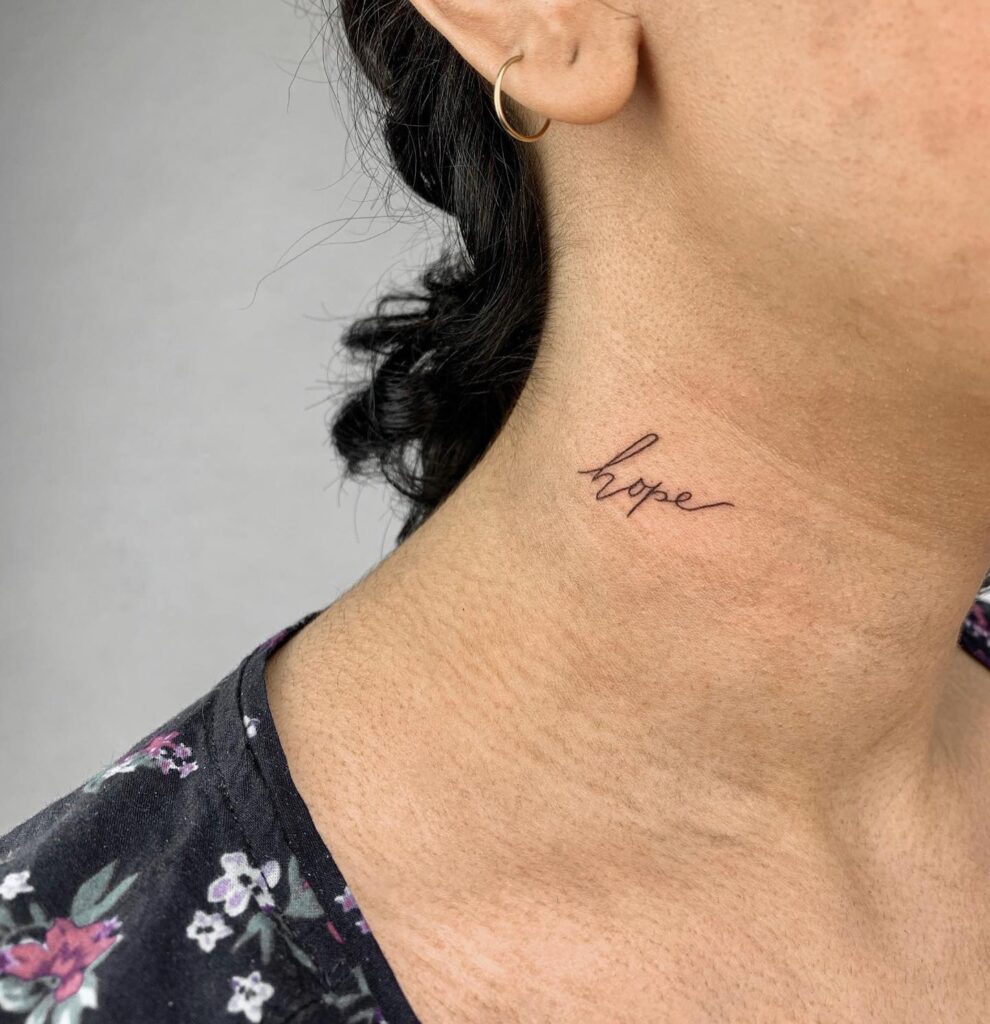 'hope' word tattoo on the side of the neck, a minimalist line art expression line of hope
