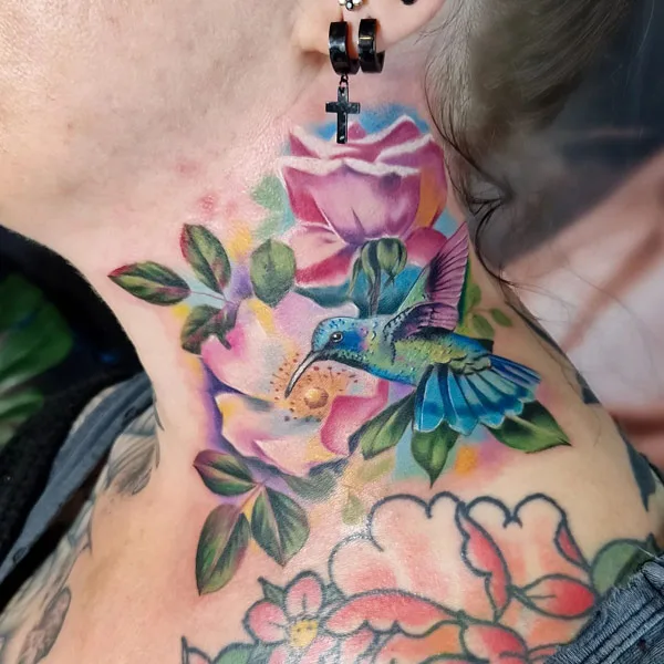 Hummingbird Neck Tattoo 1