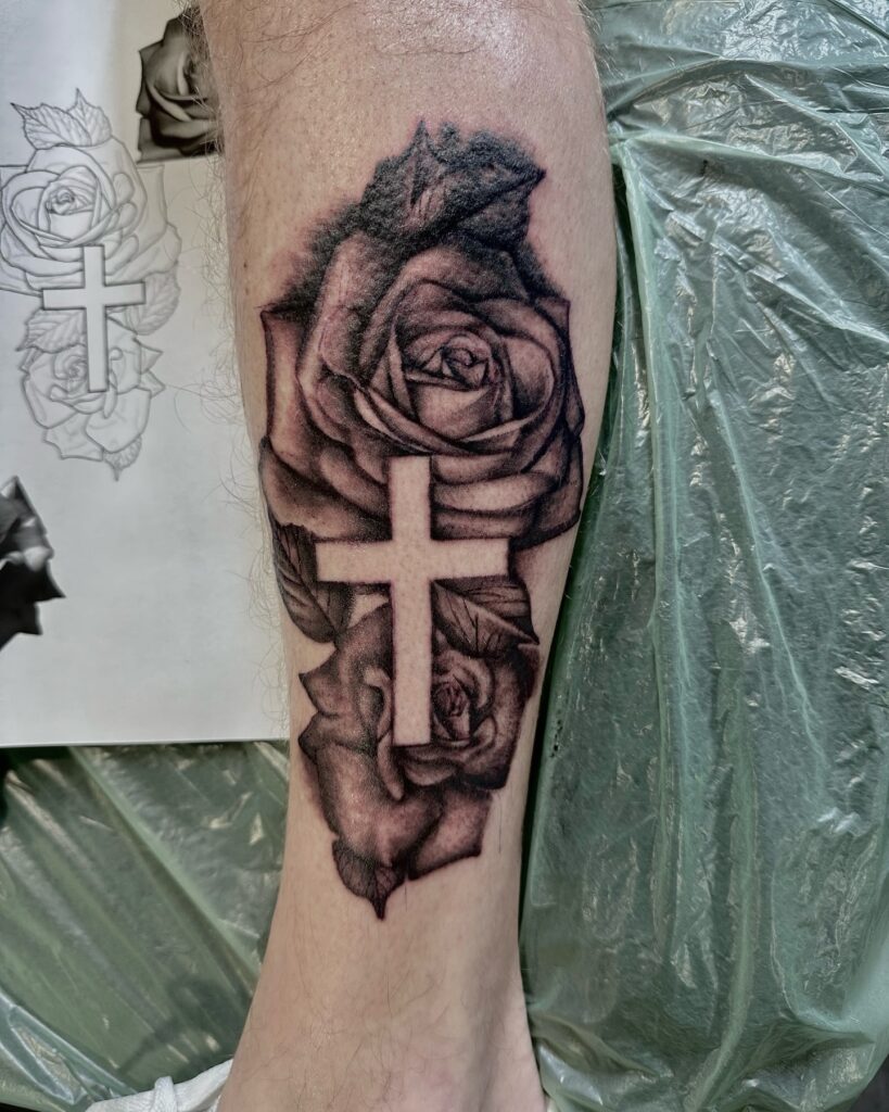 Ice Pair of Roses with Negative Cross on the Side of the Leg: Frozen Florals