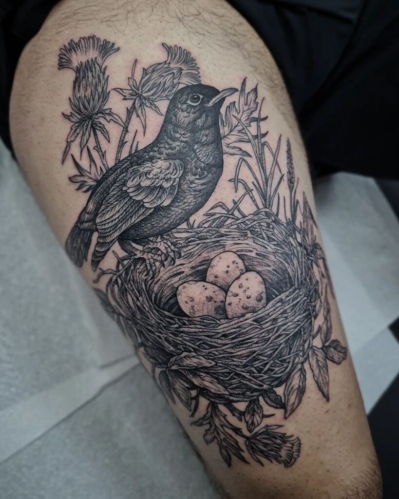 Illustrative large nest and blackbird thigh tattoo botanical beauty