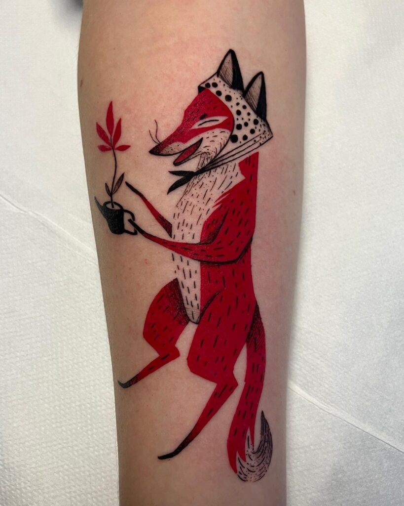 Illustrative red fox with a plant in hand on the forearm a unique, colorful creation