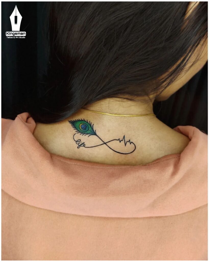Infinite beauty infinity symbol intertwined with peacock feather tattoo on the back of the neck for women