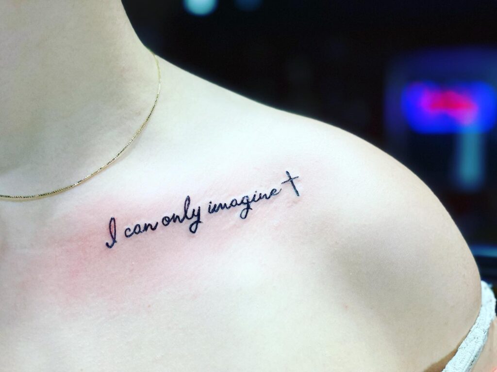 Inspirational Cross Tattoo with I Can Only Imagine Text on the Shoulder Embracing Hope and Possibilities