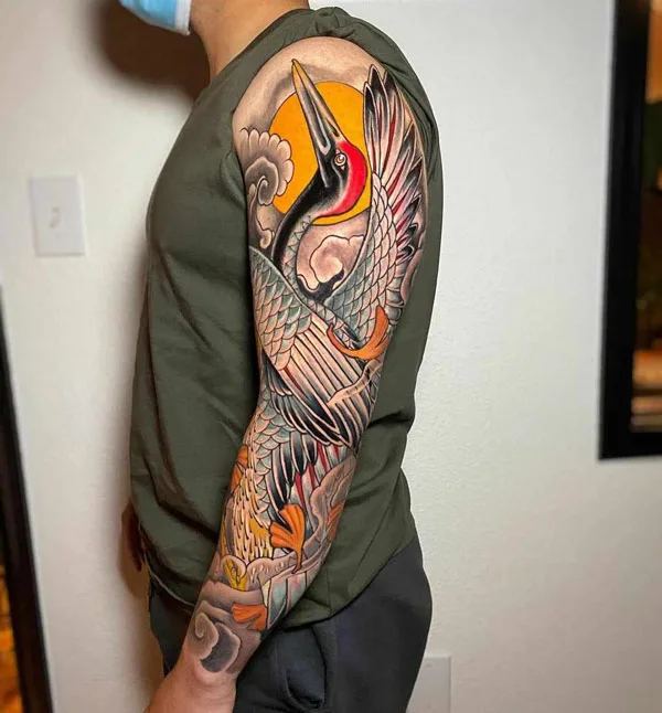 Japanese Crane Sleeve Tattoo