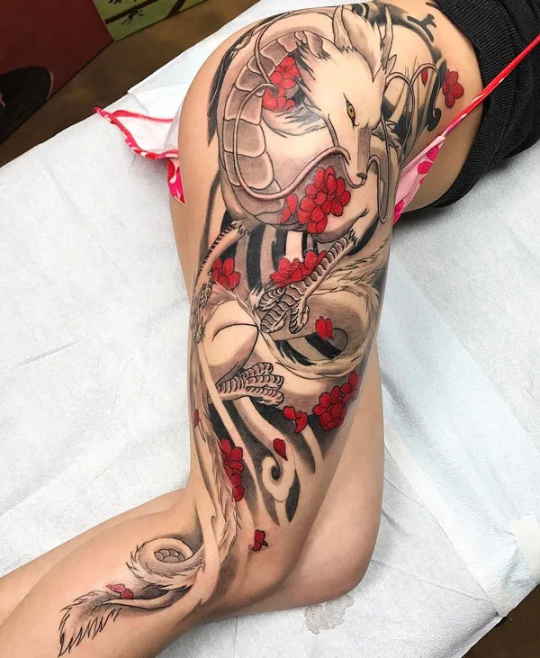 Japanese dragon leg tattoo 1