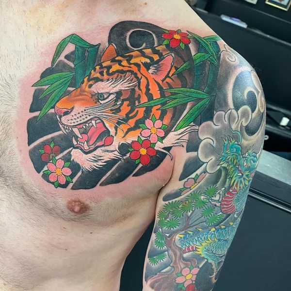 Japanese tiger tattoo on chest