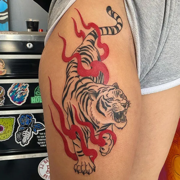 Japanese tiger tattoo on thigh