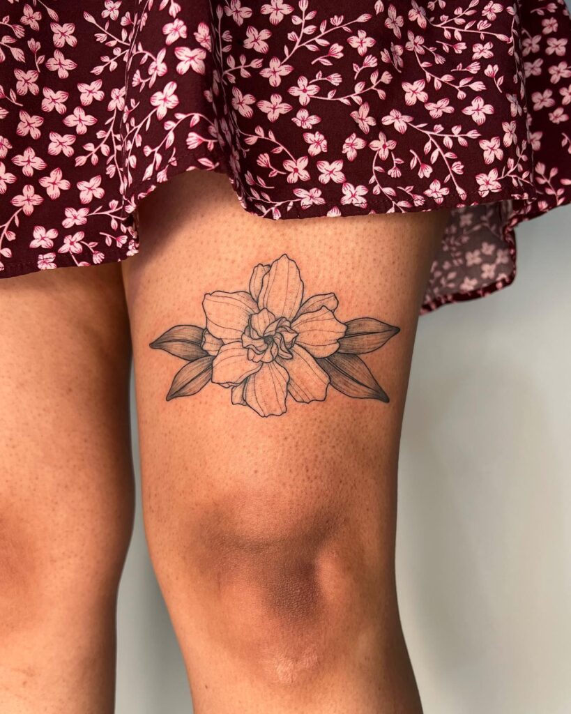 Jasmine flower above the knee tattoo for women fragrant ink