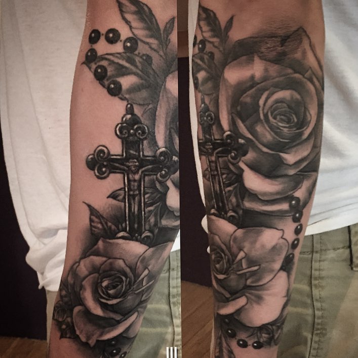 Jesus’ Cross With Rose Tattoo Designs for Men on Hand
