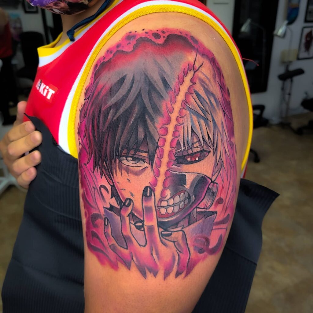 Ken kaneki from tokyo ghoul colorful upper half sleeve tattoo