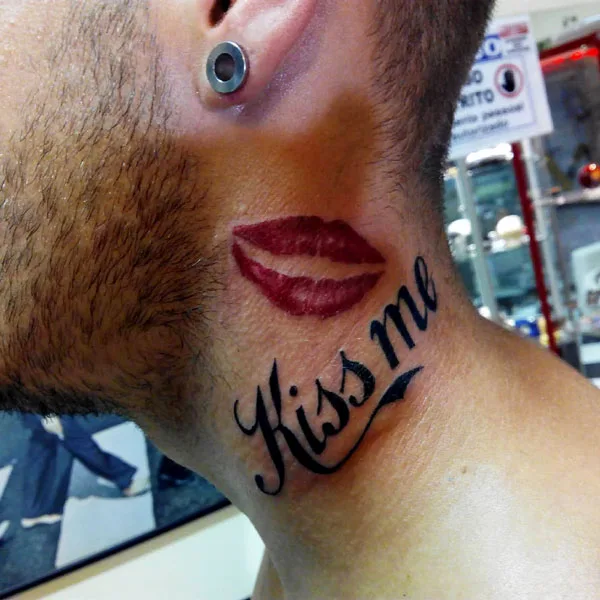 Kiss Me neck lip tattoo