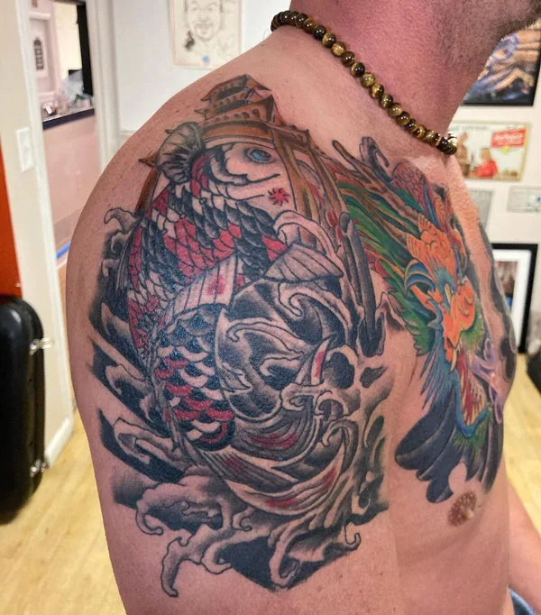 Koi fish tattoo on shoulder