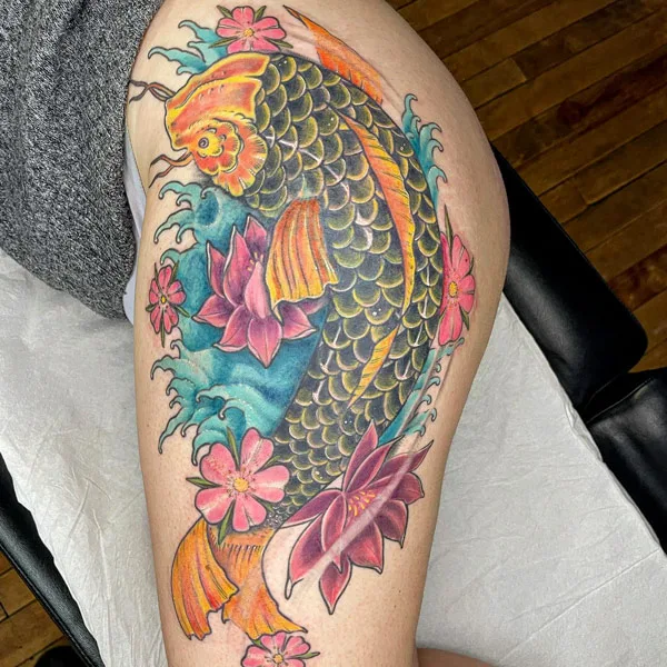 Koi fish tattoo on thigh