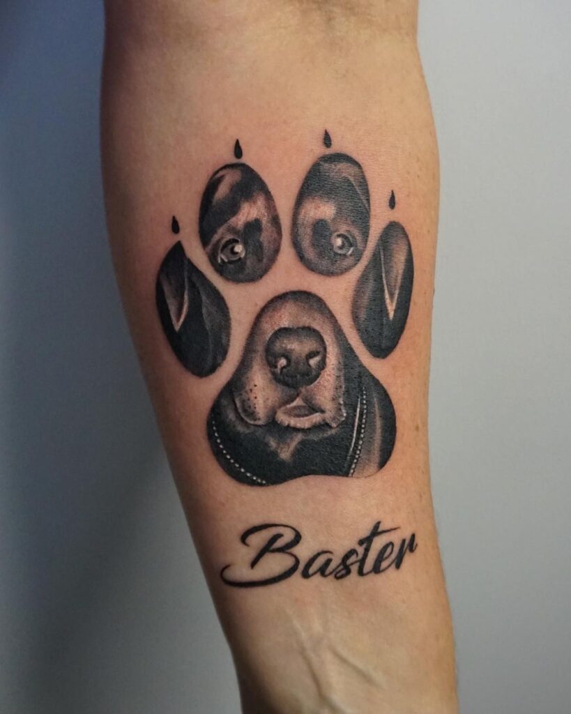 Labrador love dog face overlay with paw print and 'baster' script on the forearm