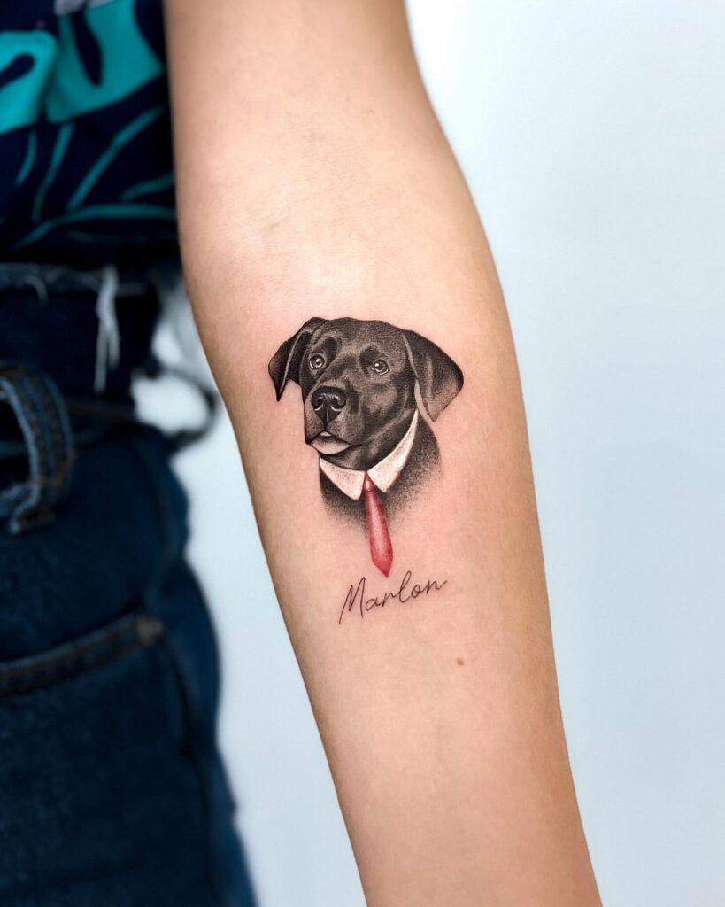 Labrador Retriever Portrait with Script Lettering on the Forearm: Loyal Marlon