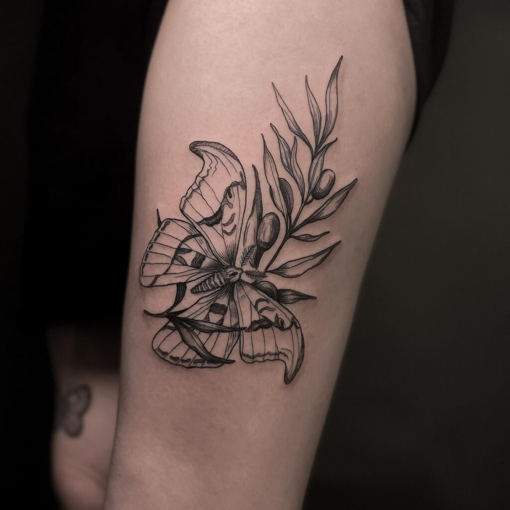 Large Linework Butterfly Tattoo with Florals