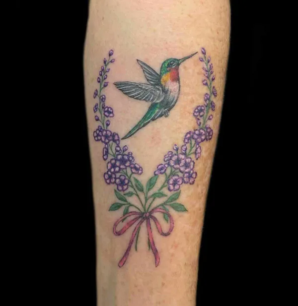 Larkspur and Hummingbird Tattoo 1