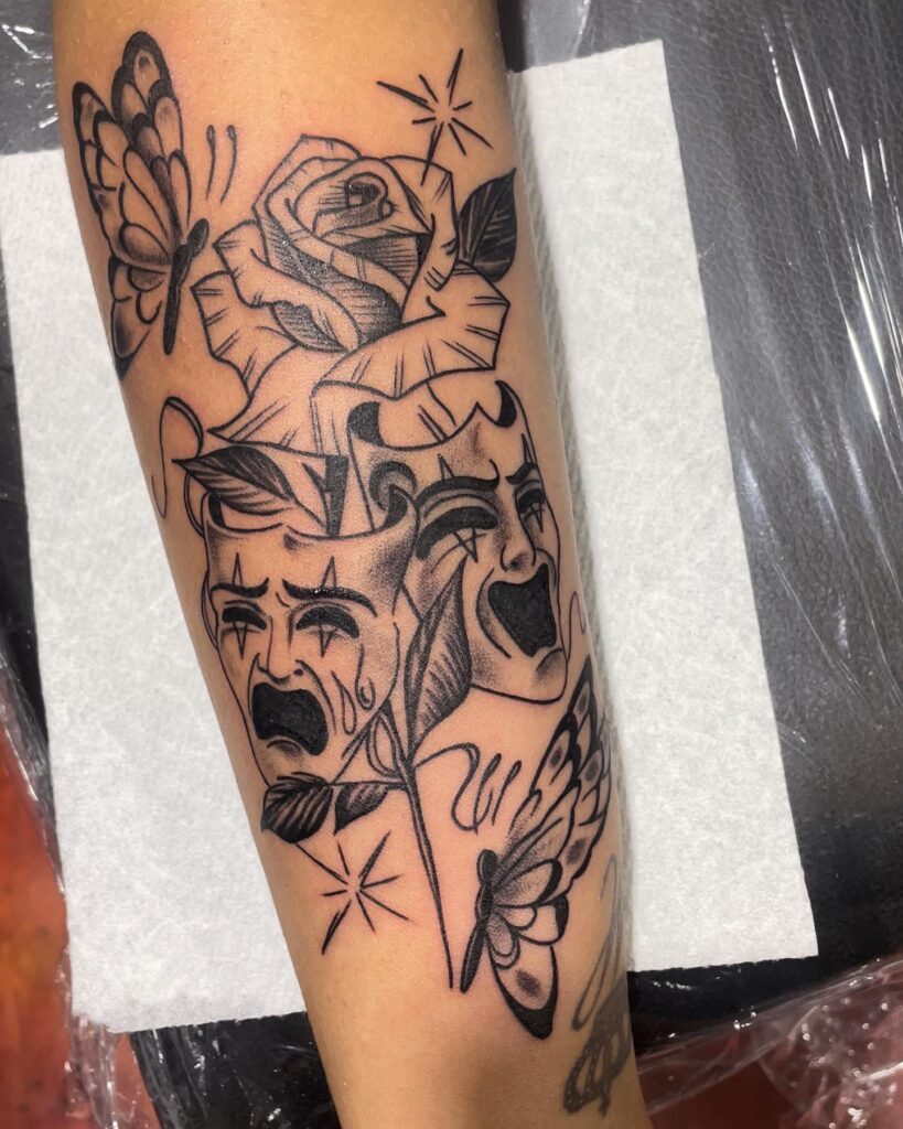 Laugh Now Cry Late Tattoo Design With Butterfly 