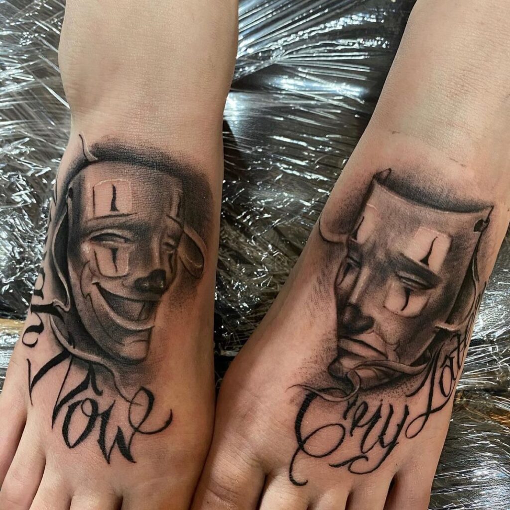 Laugh Now Cry Later Lettering Tattoos on Both Feet Stepping through Lifes Emotions 
