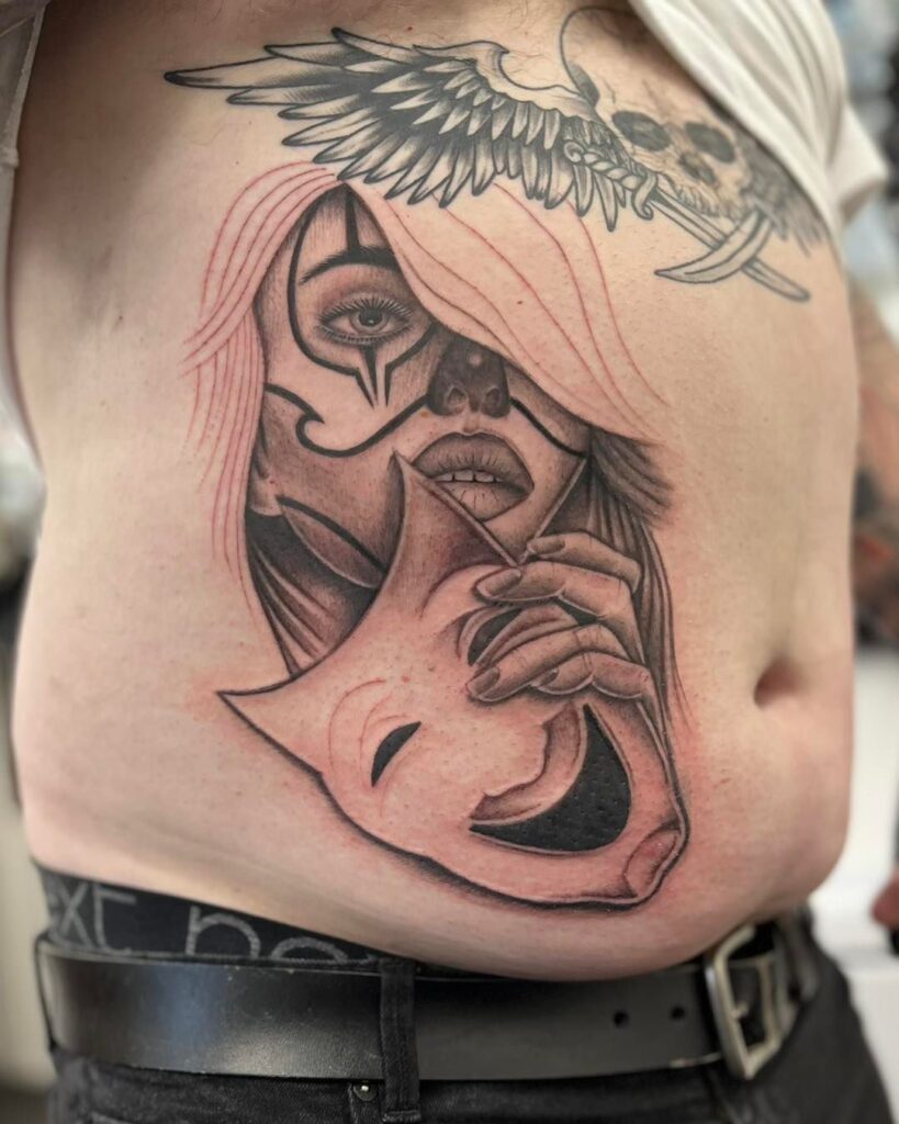 Laugh Now Cry Later Tattoo on the Stomach A Bold Choice for Men 