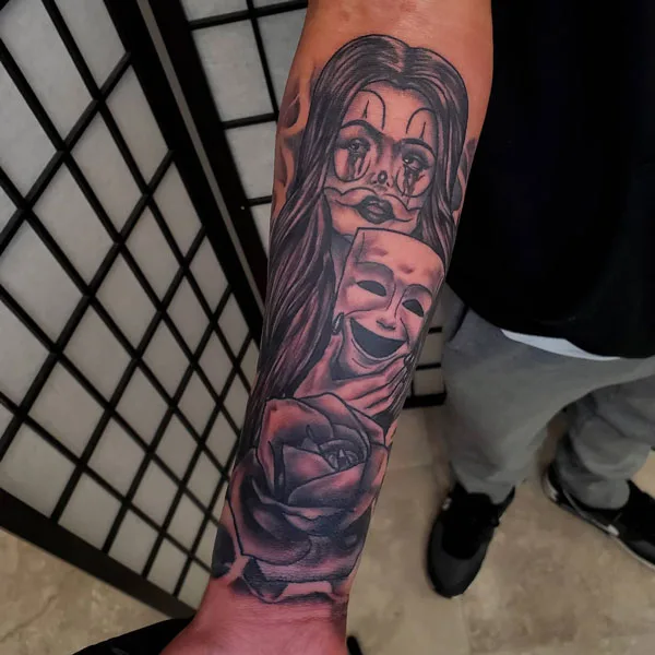 Laugh now cry later forearm tattoo