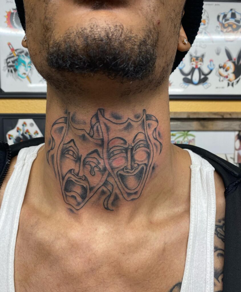 Laugh Now Cry Later Mask Tattoo for Men: Throat Canvas 