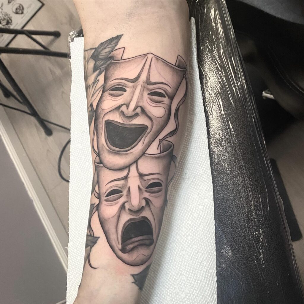 Laugh Now Cry Later Mask Tattoo: Forearm Showcase 