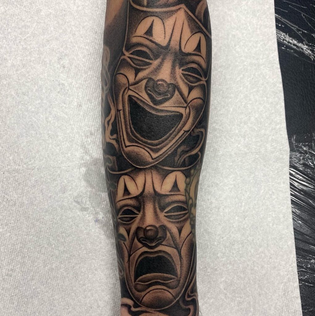 Laugh Now Cry Later on Fully Covered Lower Sleeve: Black Work Mastery 