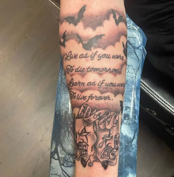 Laugh now cry later script tattoo
