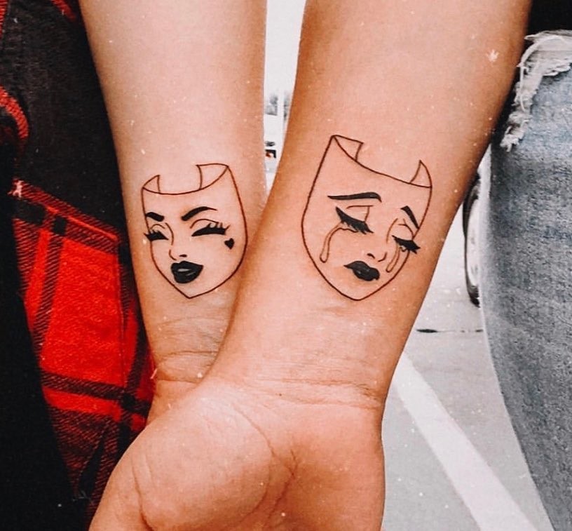 Laugh Now Mask on One Wrist, Cry Later Mask on Another: Friendship Tattoo