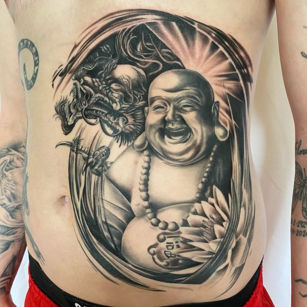 Laughing Buddha and Dragon Stomach Tattoo Wisdom and Power Combined 
