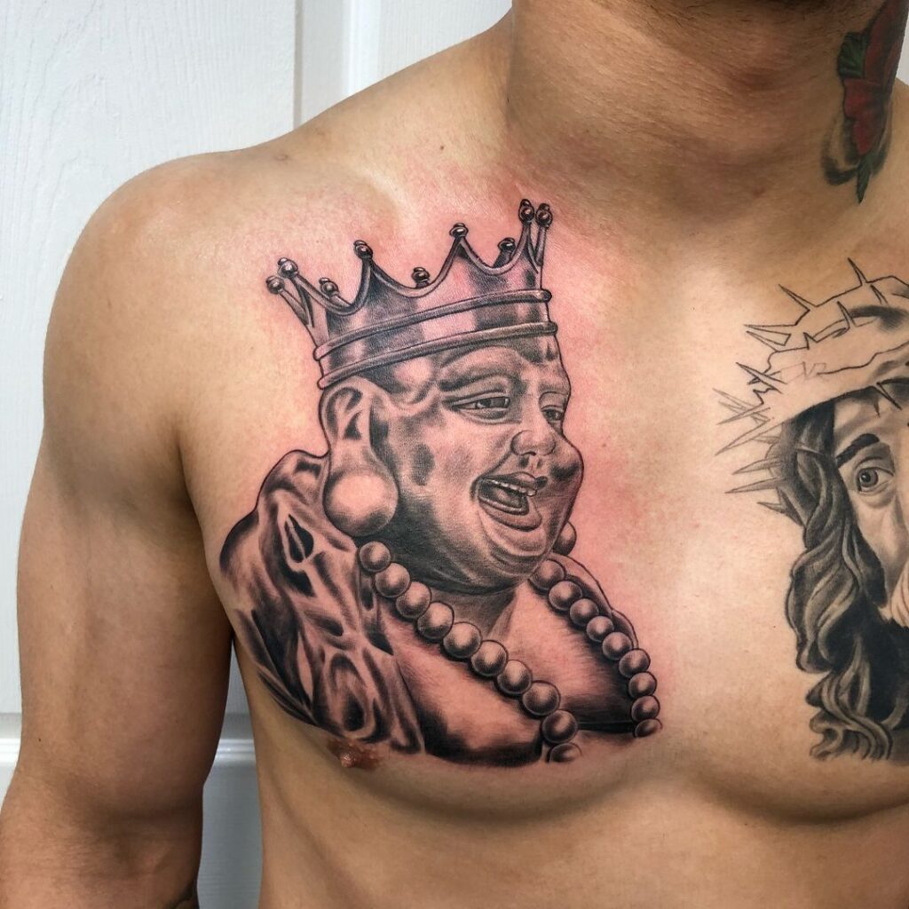 Laughing Buddha with Crown Chest Tattoo Royal Blessings and Inner Wisdom 
