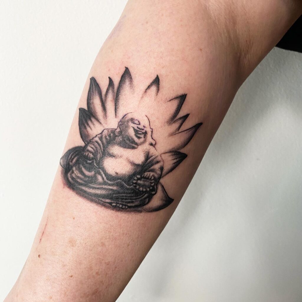 Laughing Buddha with Lotus Flower Hand Tattoo Symbolic Purity and Awakening 