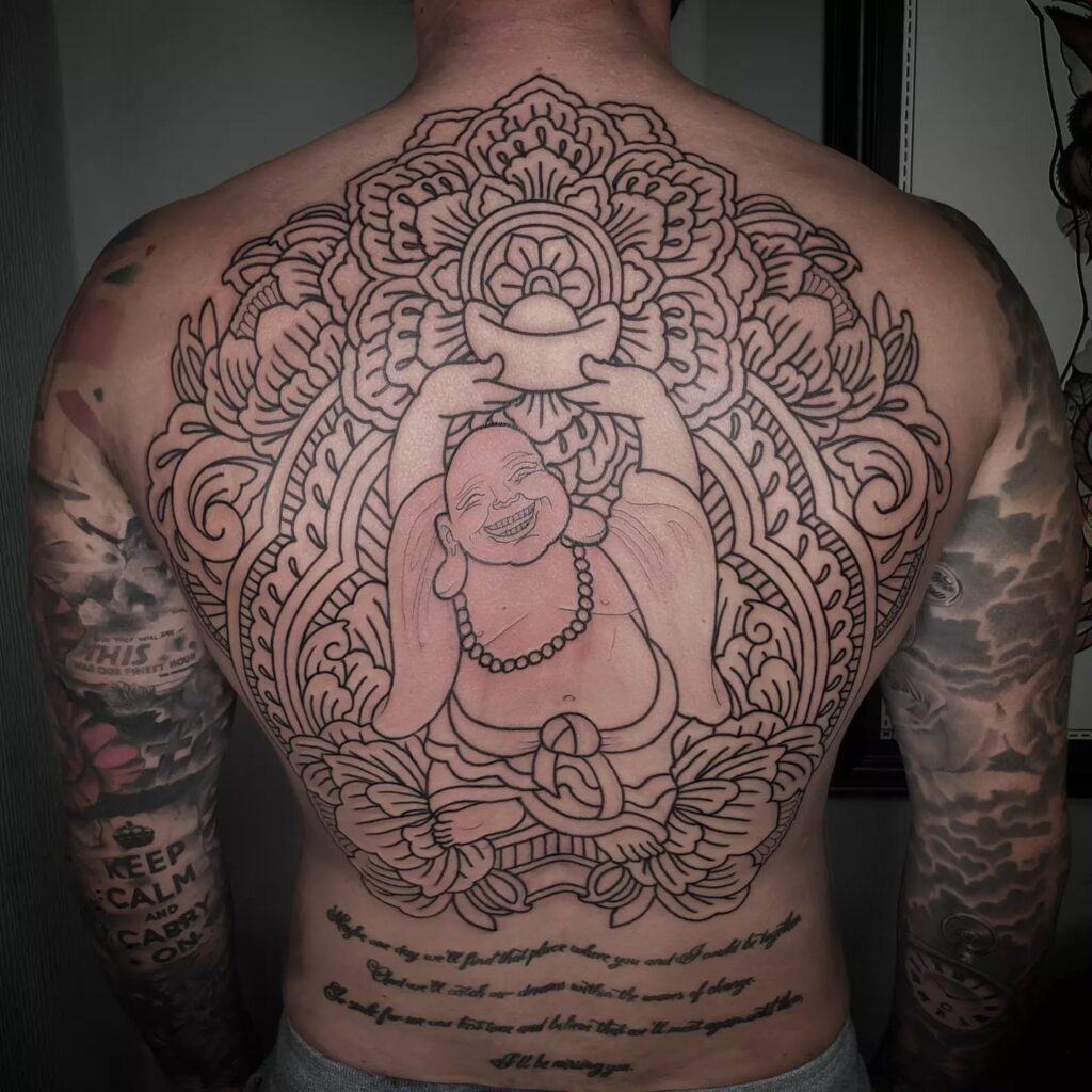 Laughing Buddha with Mandala Art Design Spiritual Enlightenment and Beauty 