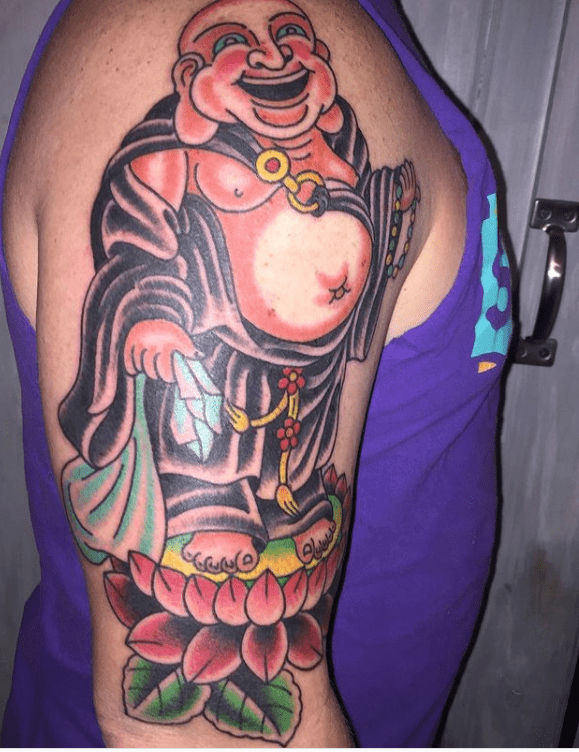 Laughing Buddha Tattoo Design With Bold Colors