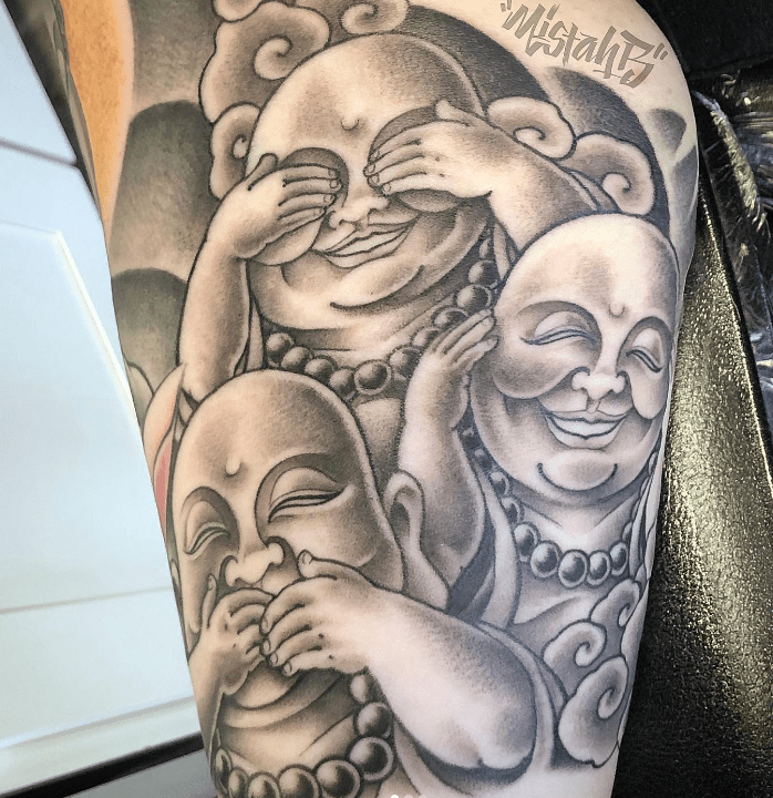 Laughing Buddha Tattoo Design With Eyes, Ears and Mouth Covered 