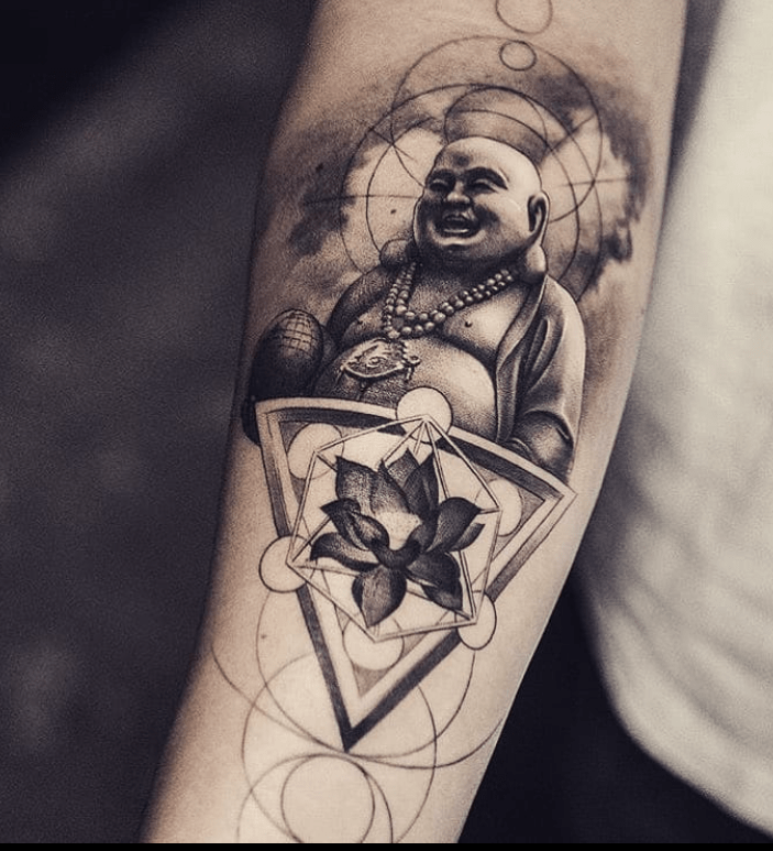 Laughing Buddha Tattoo With Geometric Shapes
