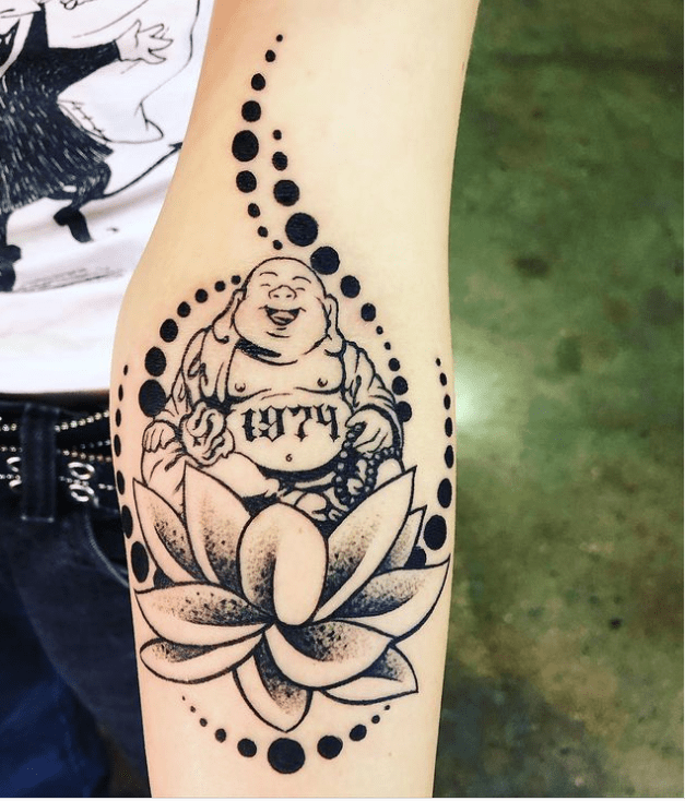 Laughing buddha tattoo with year design image