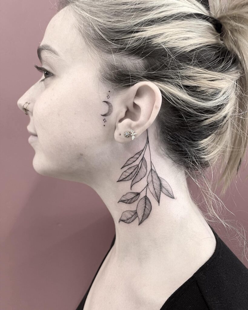 Leaf Tattoo Design on the Side of the Neck