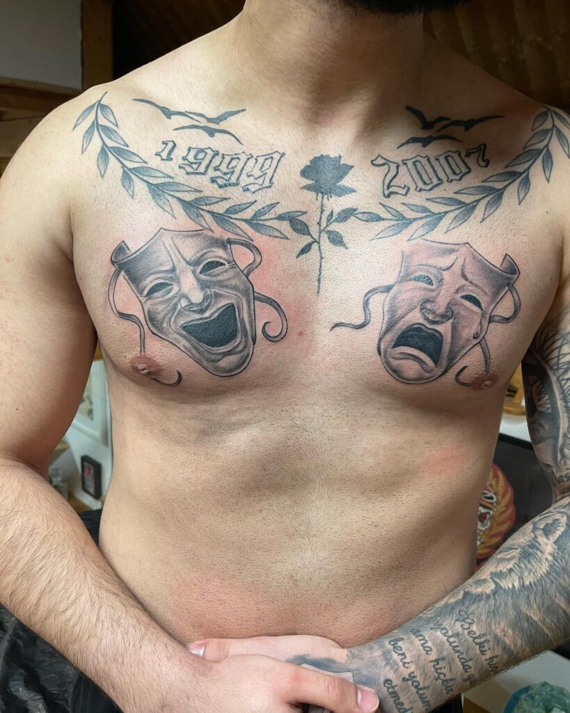 Life’s Dual Emotion Laugh Now Cry Later Tattoo Design For Chest 