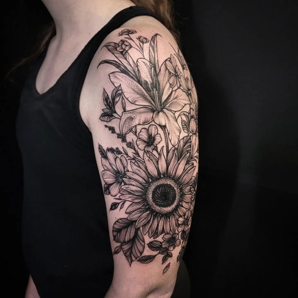 Lily and Sunflower Tattoo: A Floral Half Sleeve Story for Women