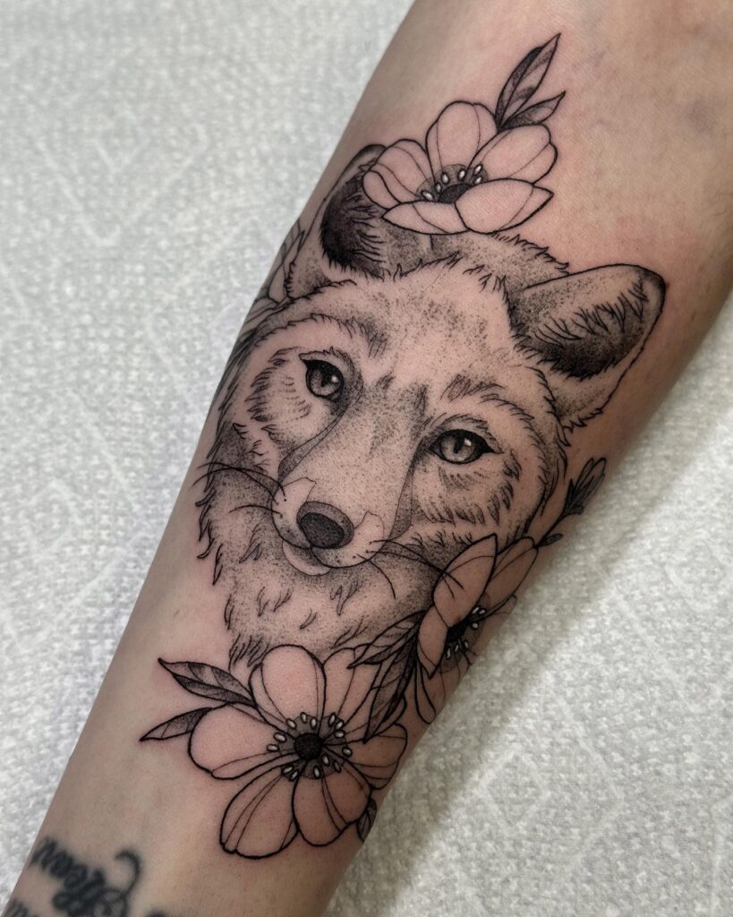 Little Fox Face with Detailed Florals on the Forearm: Whimsical Wilderness