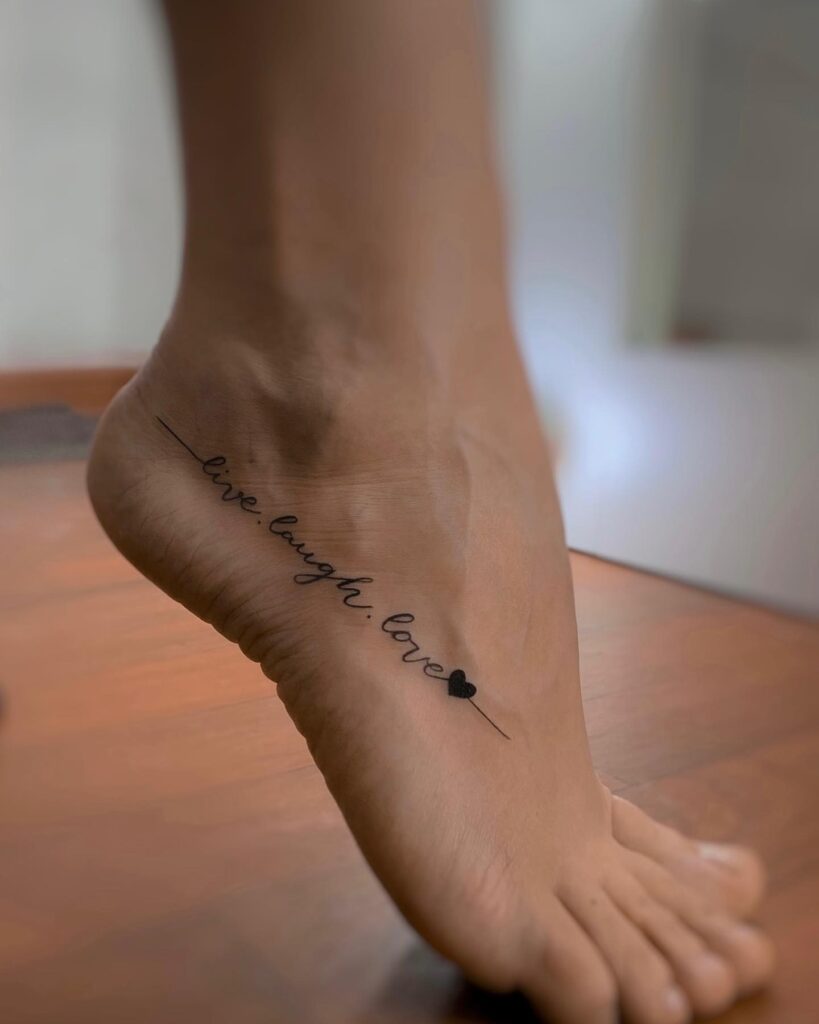 Live laugh love in italics foot tattoo design for girls