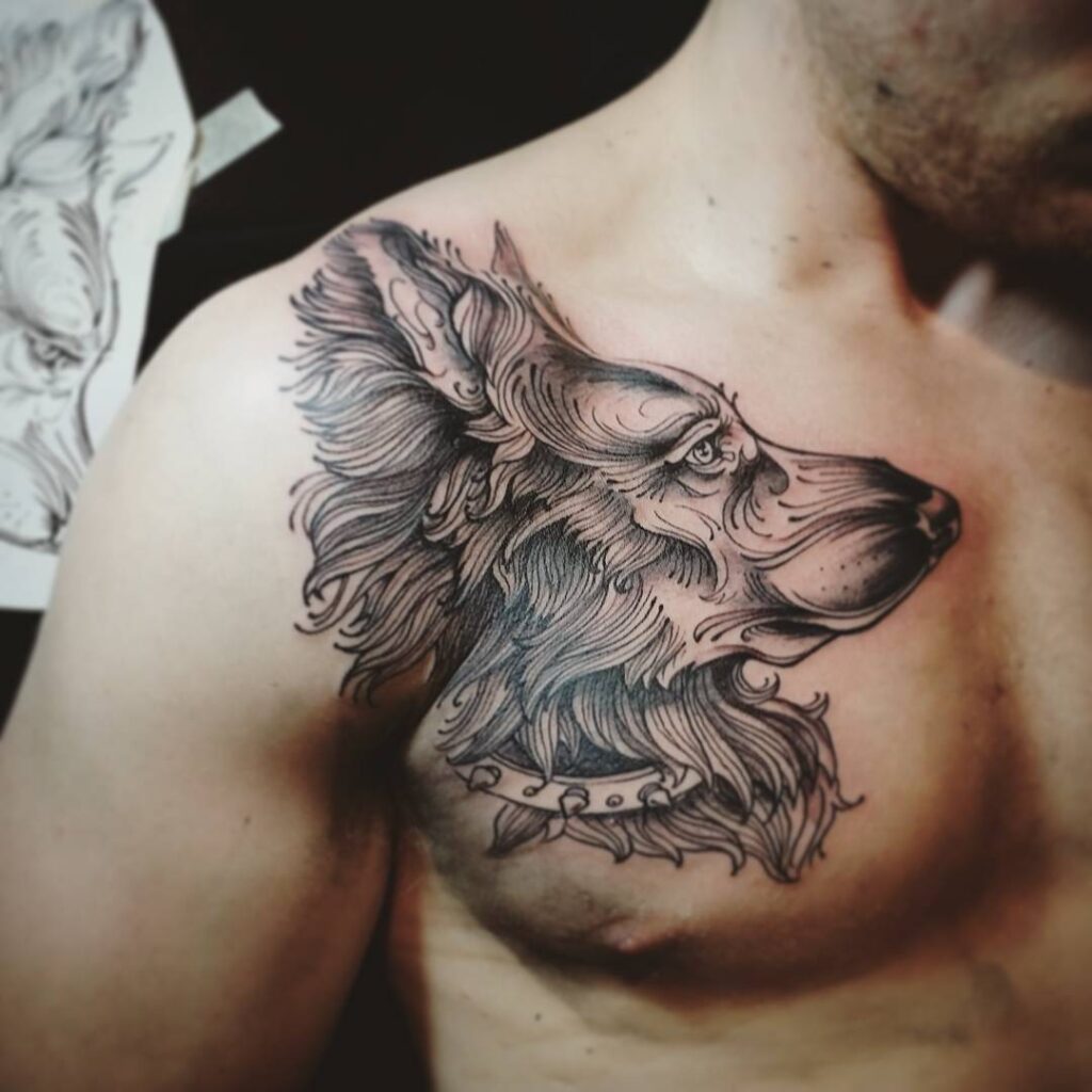 Long-Haired German Shepherd Portrait Tattoo on Mens Chest Majestic Canine Ink