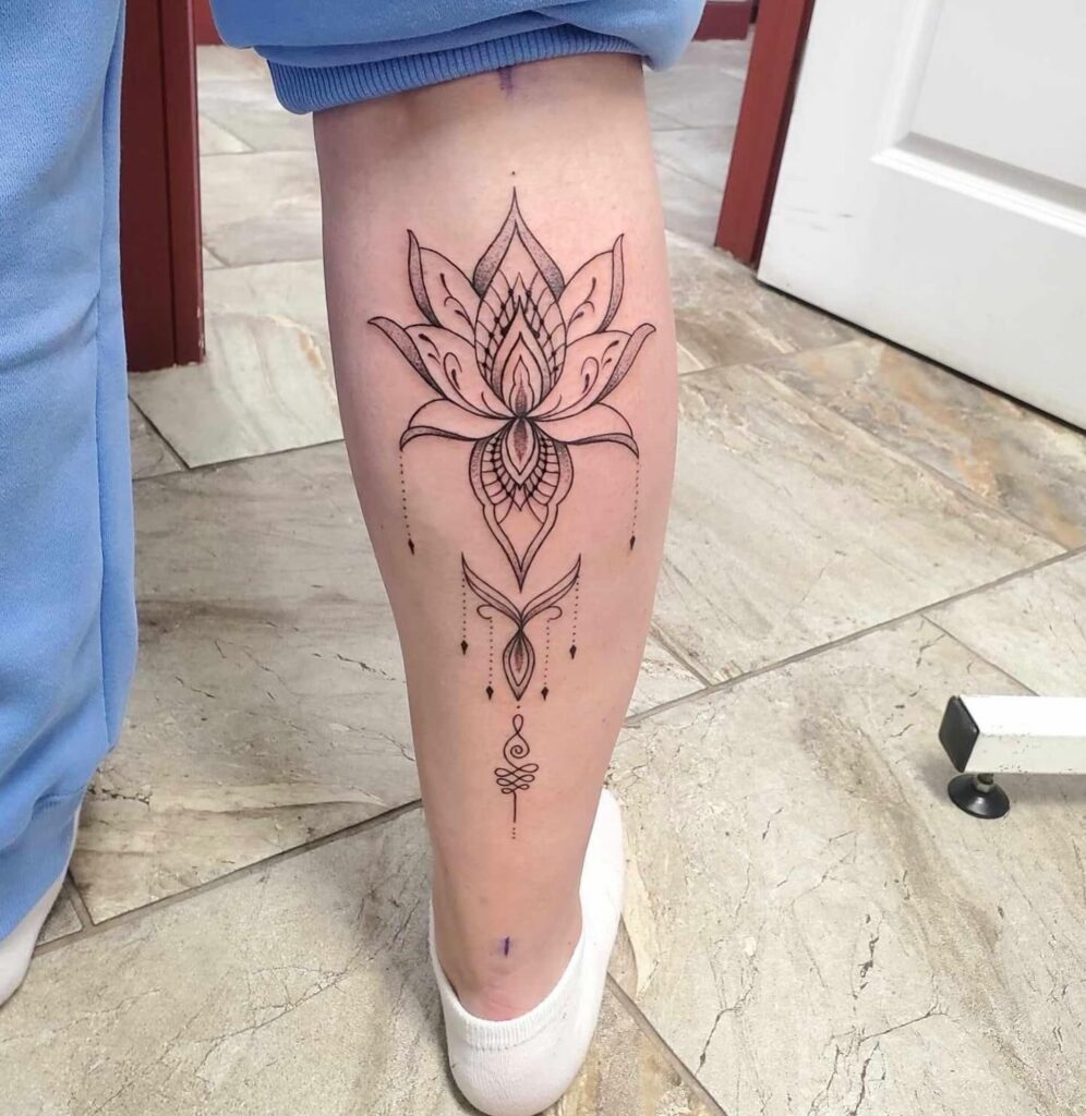 Lotus Mandala Tattoo on the Calf for Artistic Serenity: Floral Mandala Oasis 
