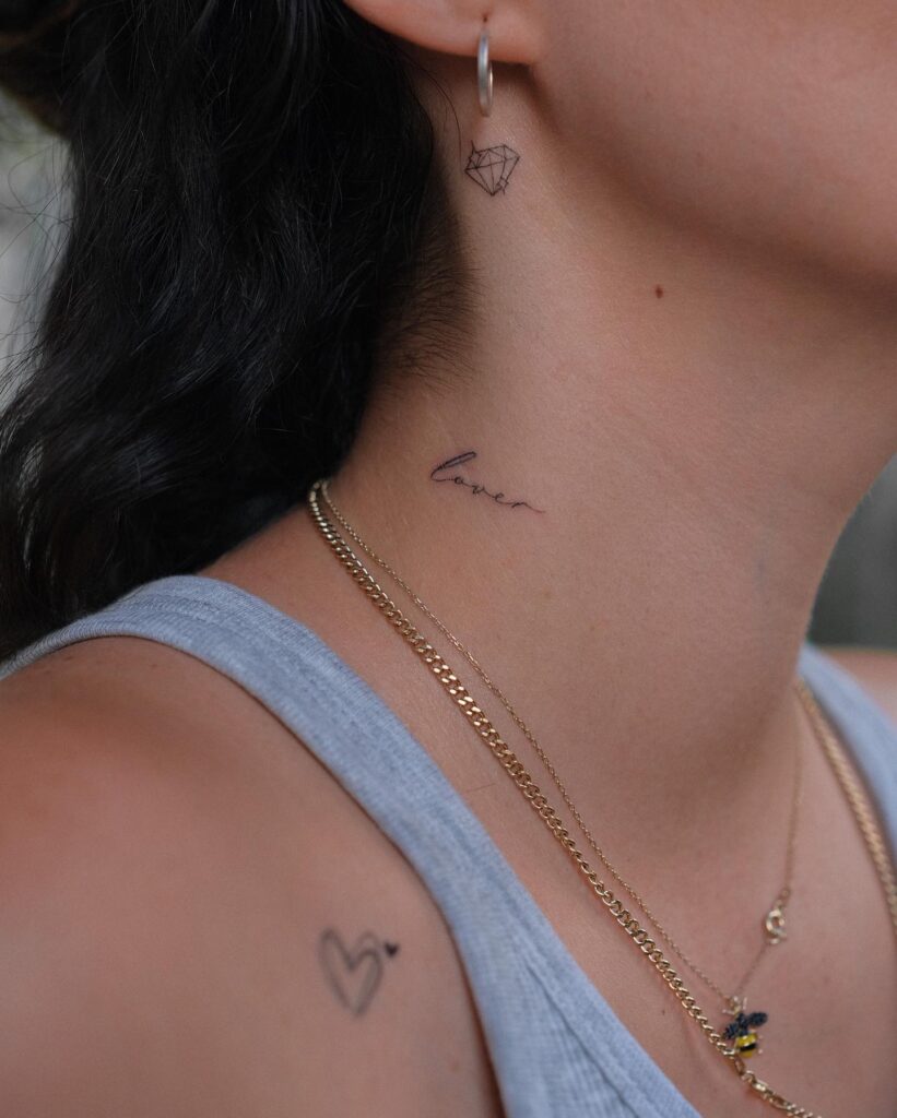 Lover Cursive Neck Tattoo with Diamond and Heart Artistic and Expressive