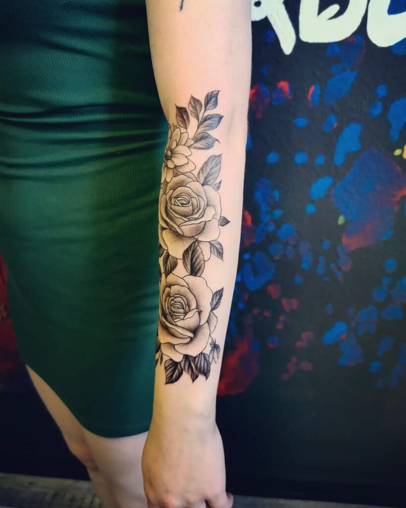 Lower arm half sleeve two roses and floral beauty tattoo