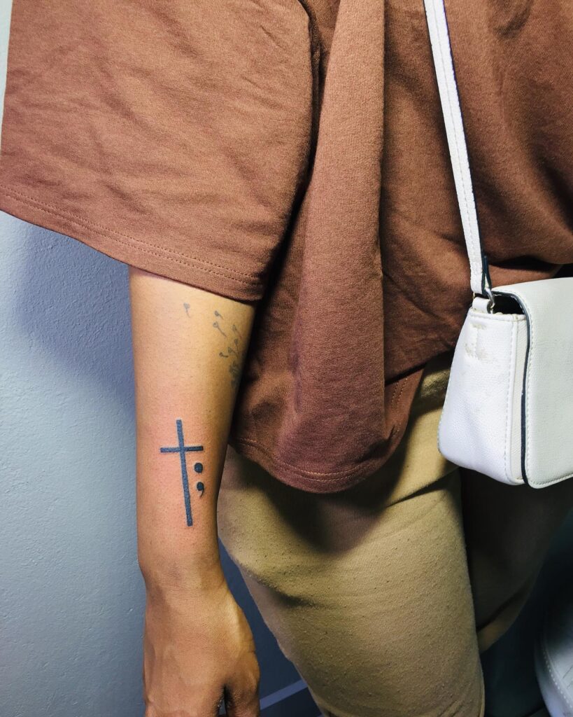 Lower arm sleeve forearm simple cross and semicolon tattoos for girl