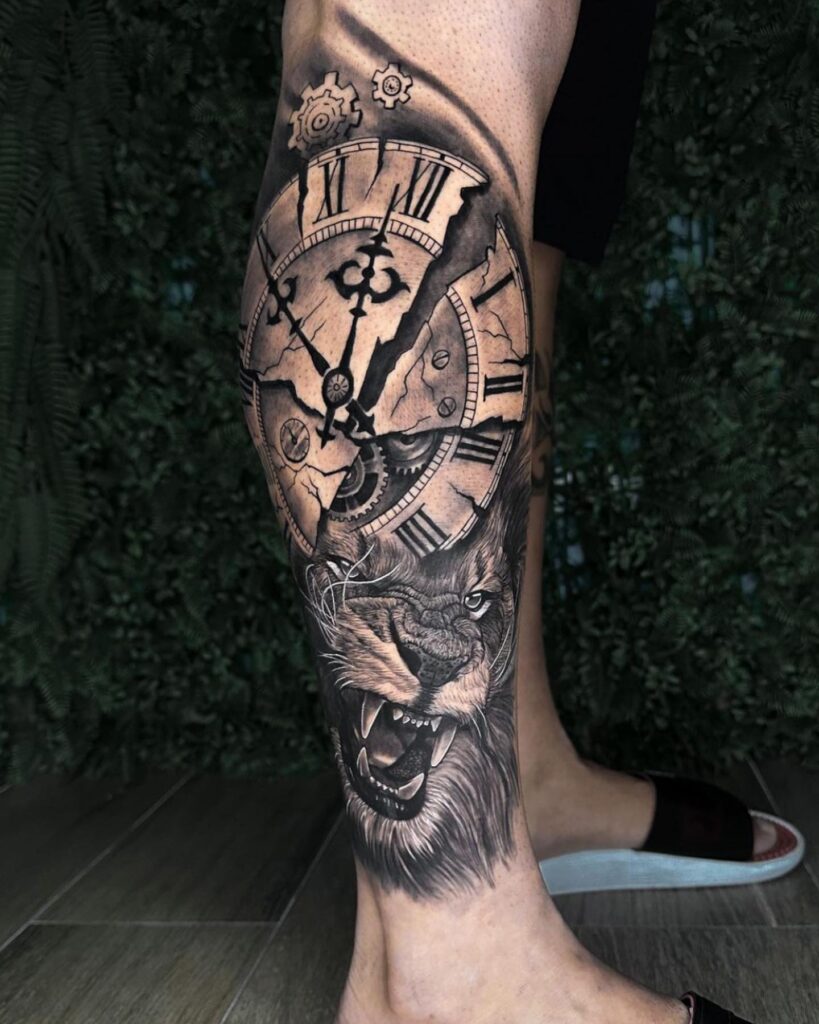 Lower leg tattoo with lion and clock, an aggressive angry lion face in blackwork, creating a stunning composition temporal ferocity