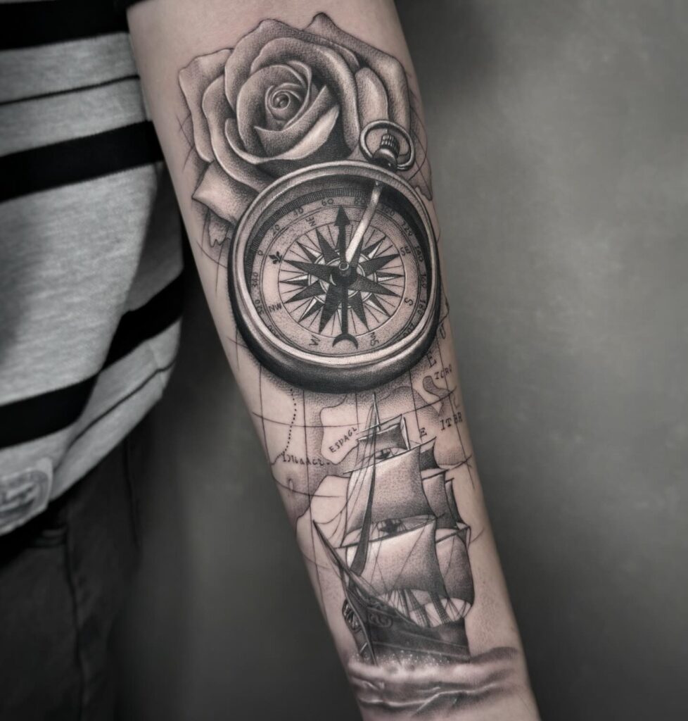 Lower Sleeve Featuring Roses, Compass, Ship, and Map in Black Work Ink: Nautical Symphony